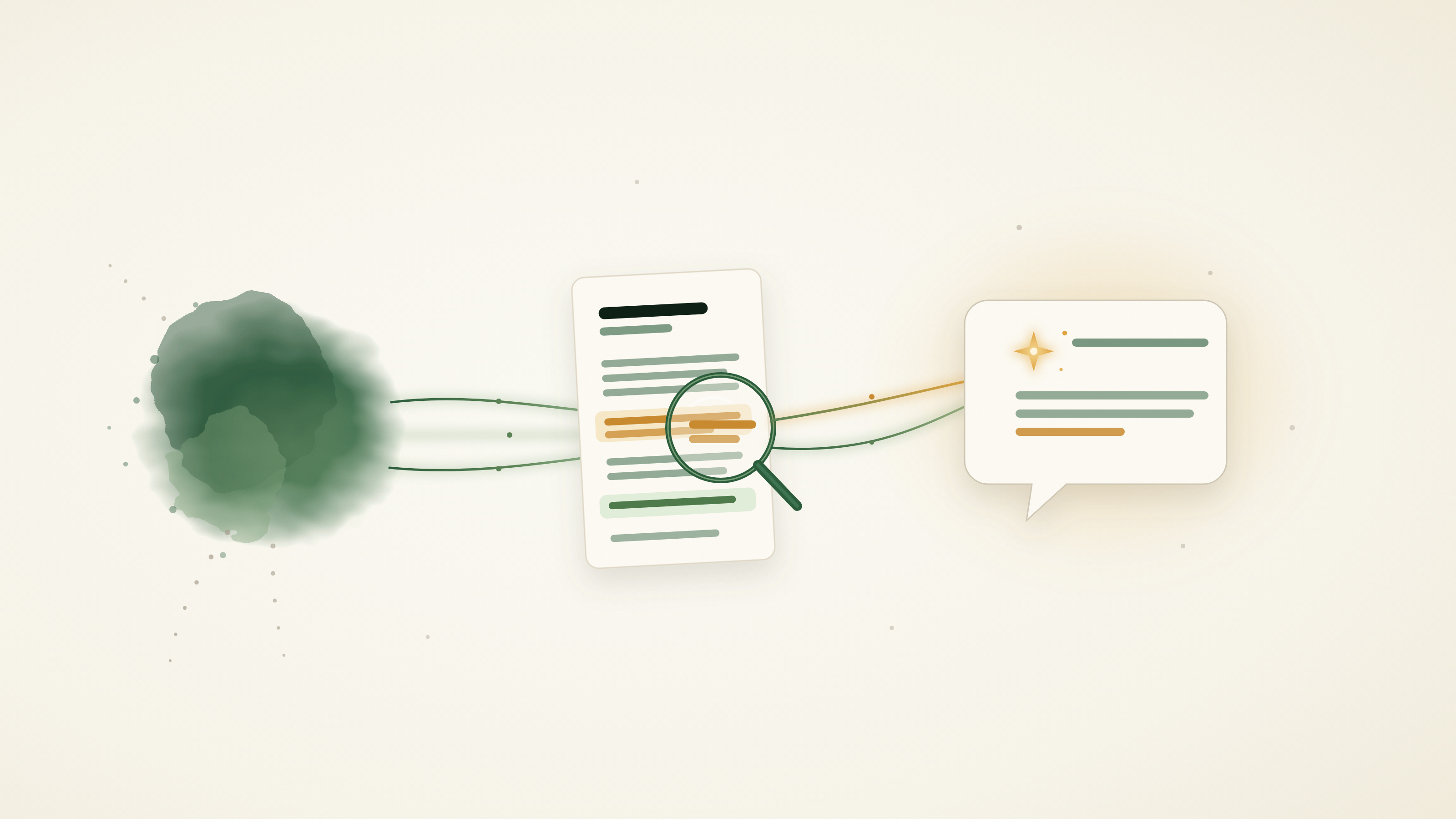 Green ink flows into a structured document under a magnifying glass, then into a glowing answer bubble.